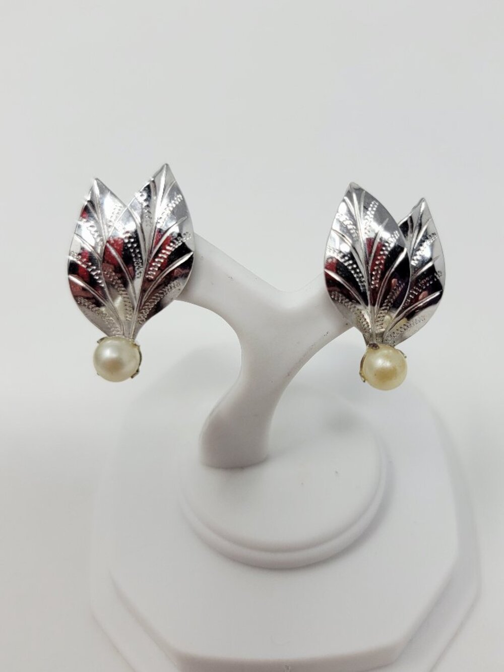 Bond Boyd Sterling Silver Leaf Pearl Screw Back Earrings Vintage